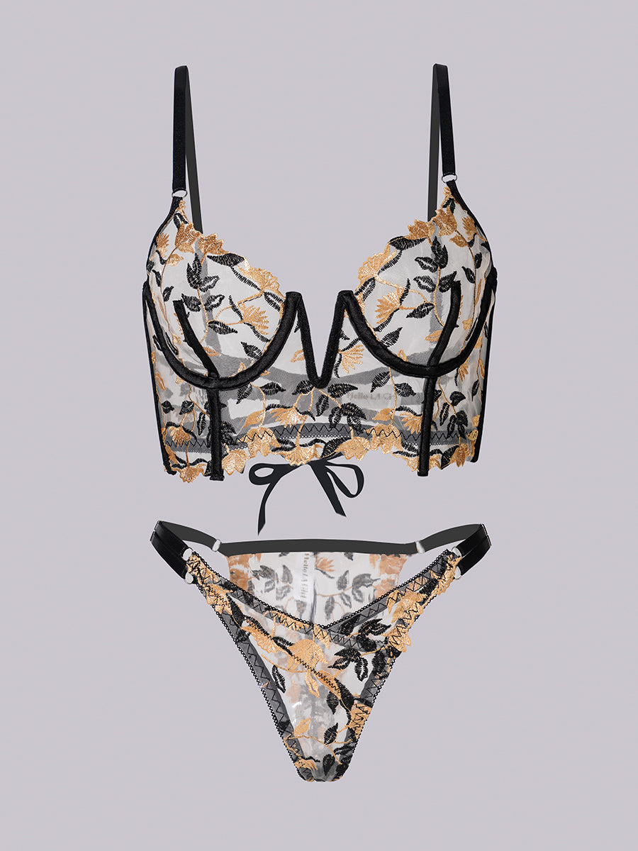 Black Embroidered Corset And Panty Lingerie Set Gold Thread Hello.LA.Girl